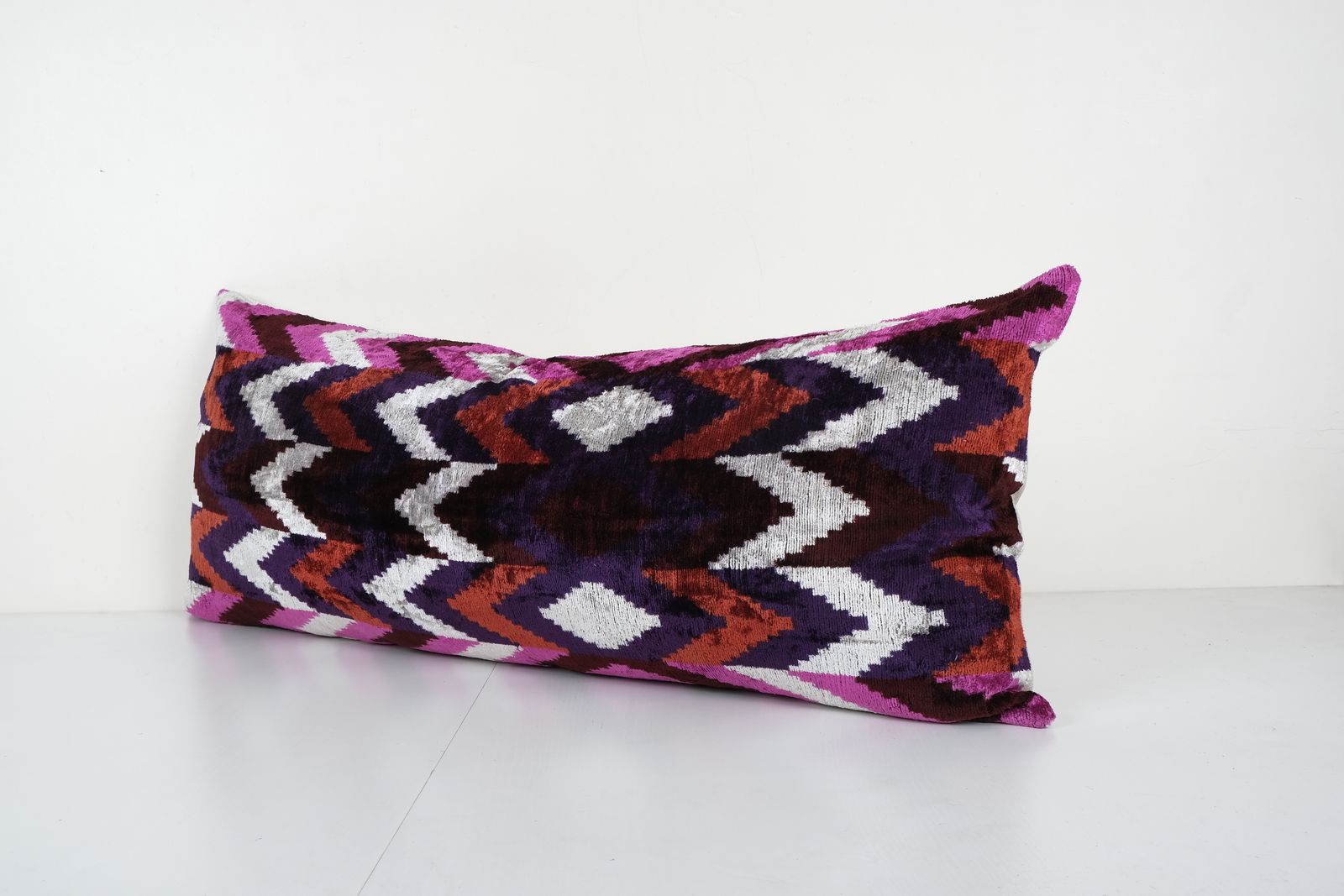 Ikat Velvet Pillow, Silk Lumbar Cushion Cover, Rainbow Animal Lumbar Pillows, Boho Pillow 14'' X 38'' photo furniture