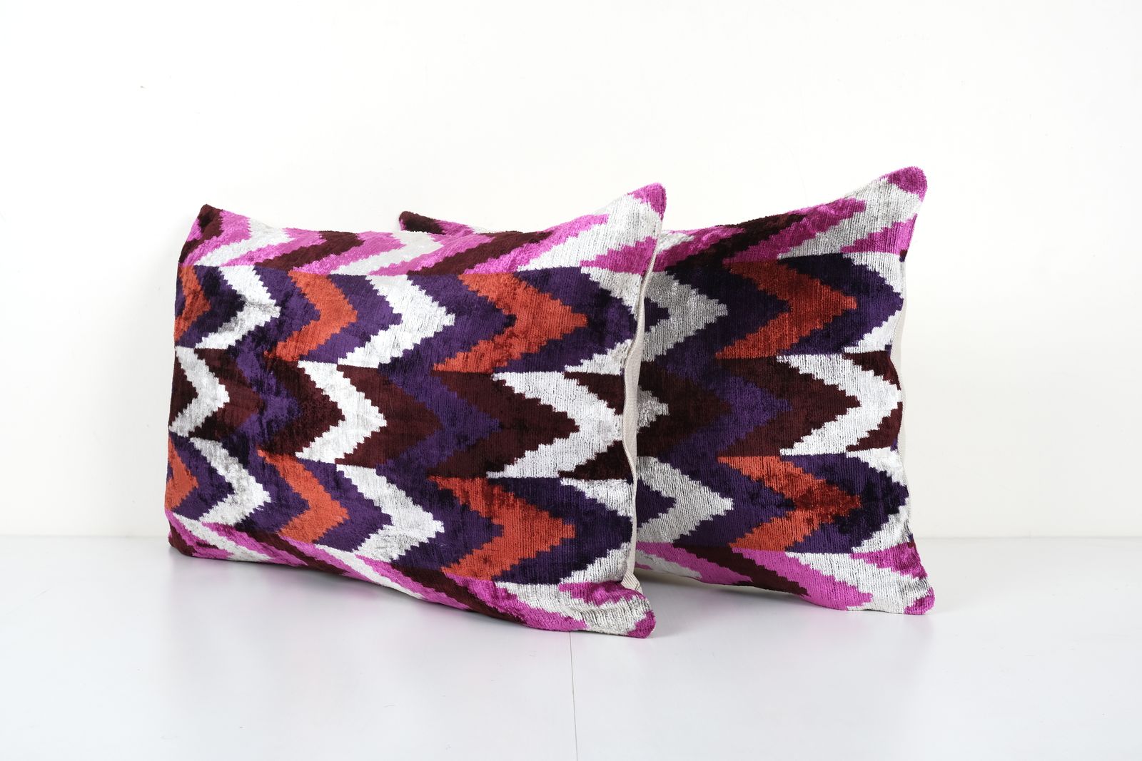 Silk Ikat Velvet Pillow Cover, Set Of Two Matching Multicolor Ikat Lumbar Pillowcase, Pair Colorful Designer Throw Pillow 16'' X 24'' photo Textiles