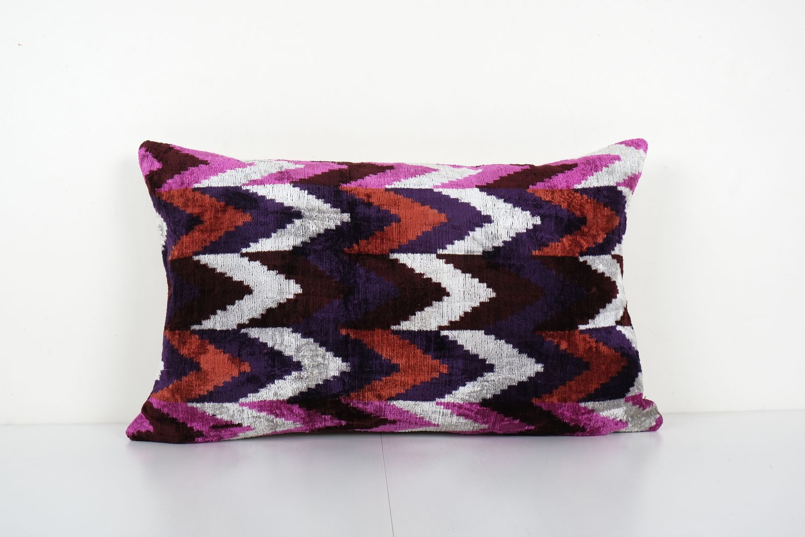 Silk Ikat Velvet Lumbar Pillow Cover   Ethnic Decorative Pillow   Colorful Velvet Ikat Pillow 16'' X 24''
