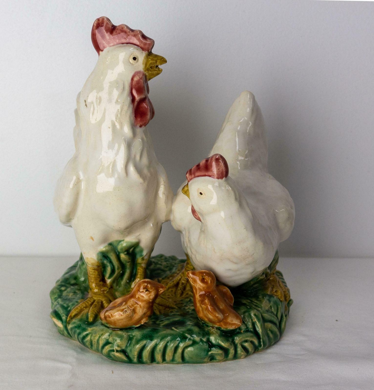 French Ceramic Barbotine Chicken Family Chicken And Chicks Group, Circa 1900 C photo furniture