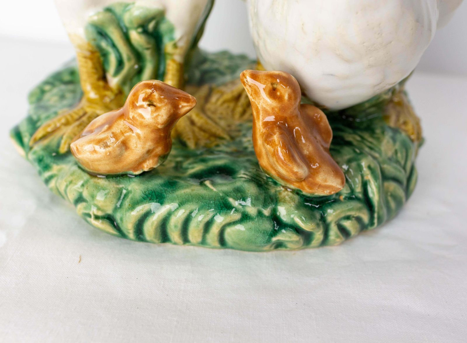 French Ceramic Barbotine Chicken Family Chicken And Chicks Group, Circa 1900 C photo vinterior