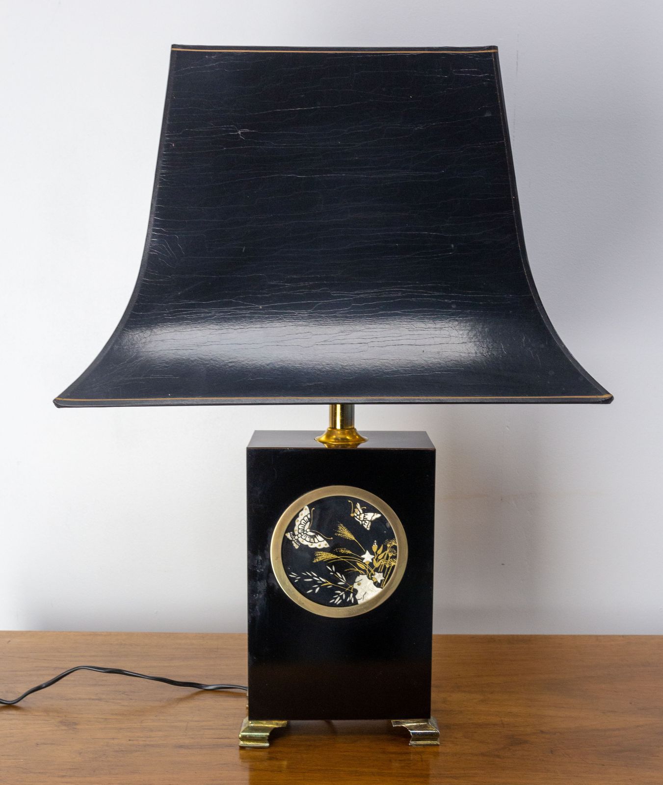 French Mid Century Table Lamp, Black With A Decof Of Butterflies, C. 1970 photo furniture