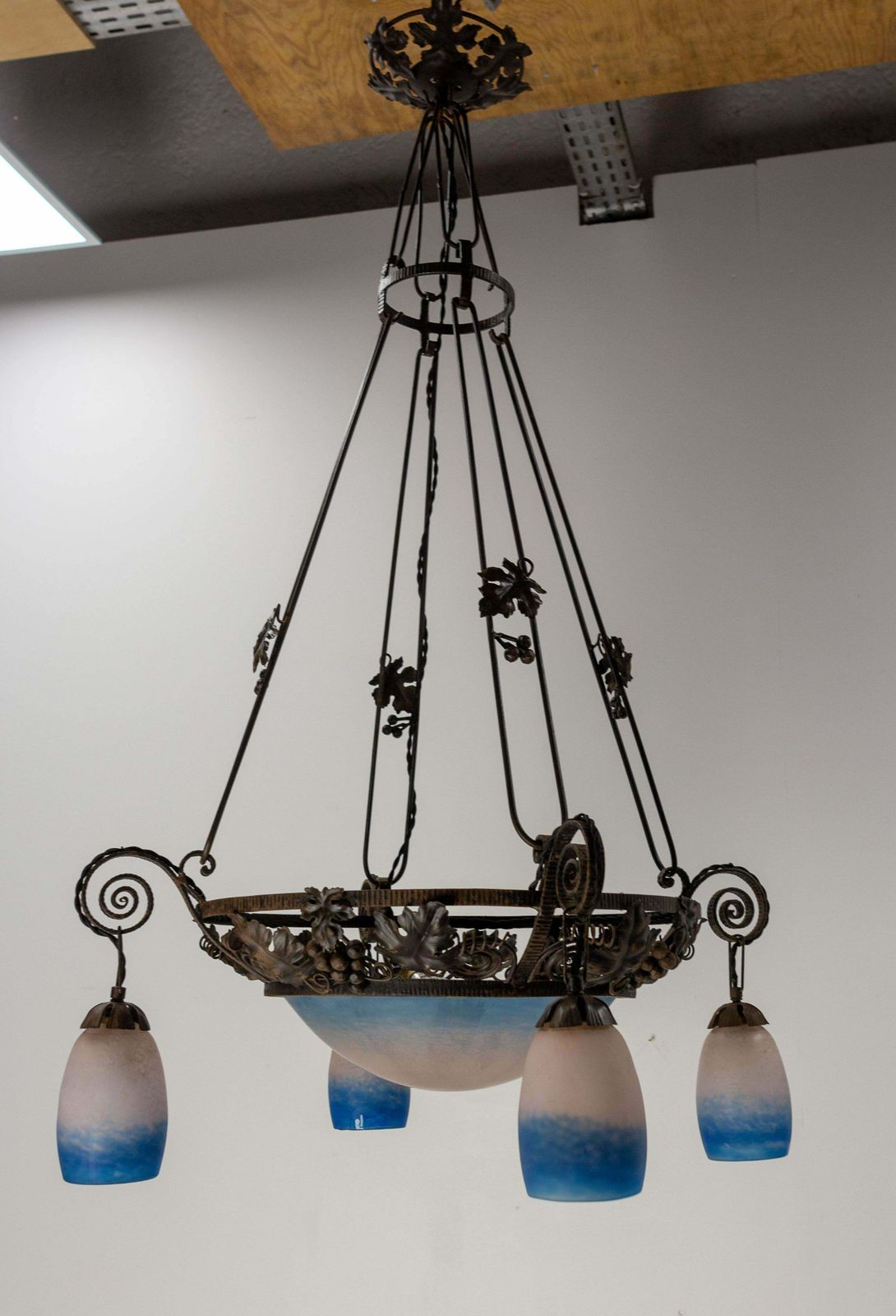 French Art Deco Chandelier Coloured Glass & Wrought Iron Ceiling Pendant, C 1930 photo for sale
