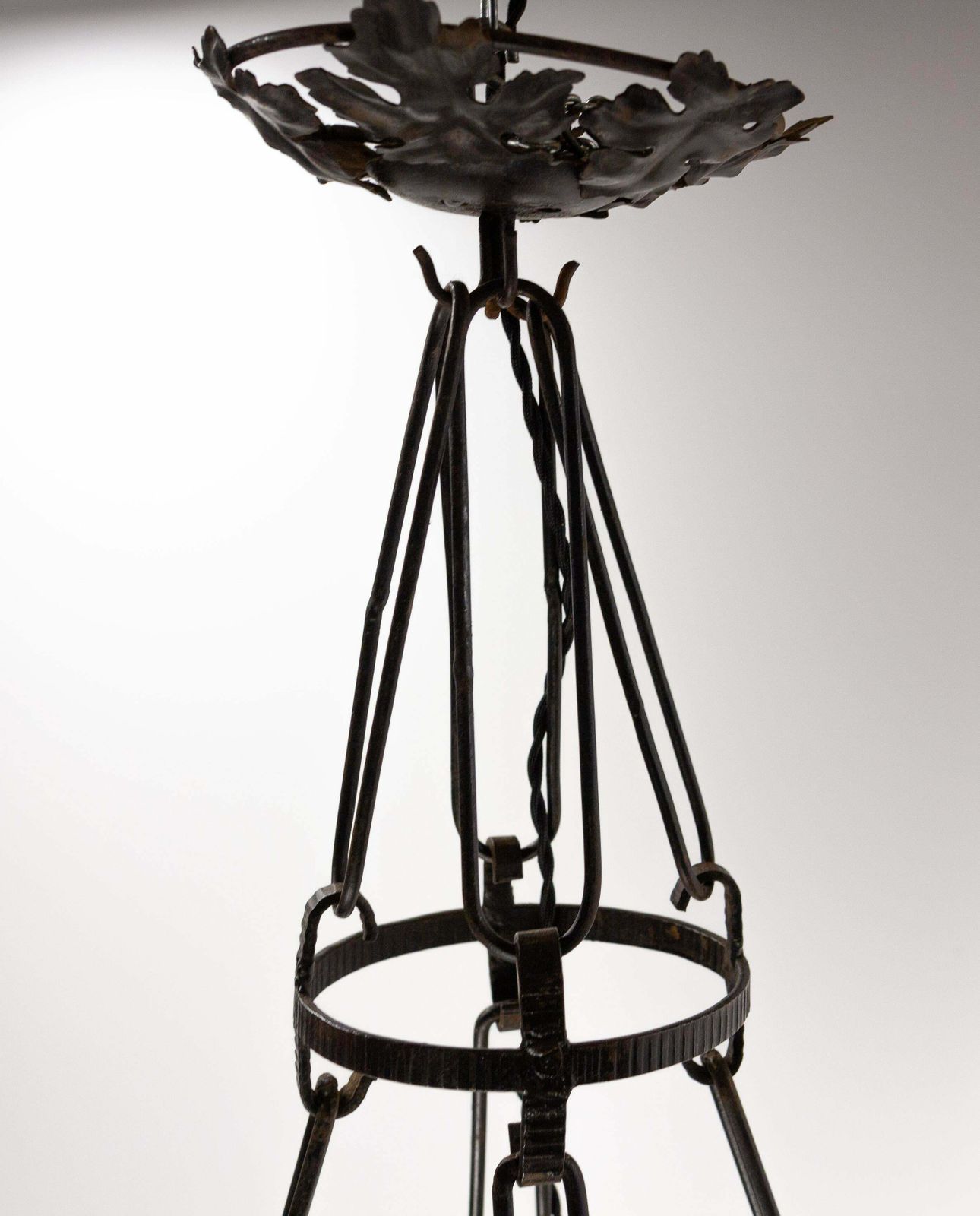 Lighting French Art Deco Chandelier Coloured Glass & Wrought Iron Ceiling Pendant, C 1930 photo