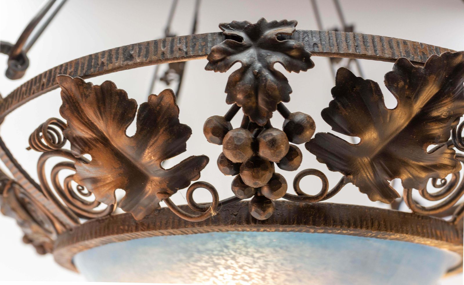 photo buy French Art Deco Chandelier Coloured Glass & Wrought Iron Ceiling Pendant, C 1930