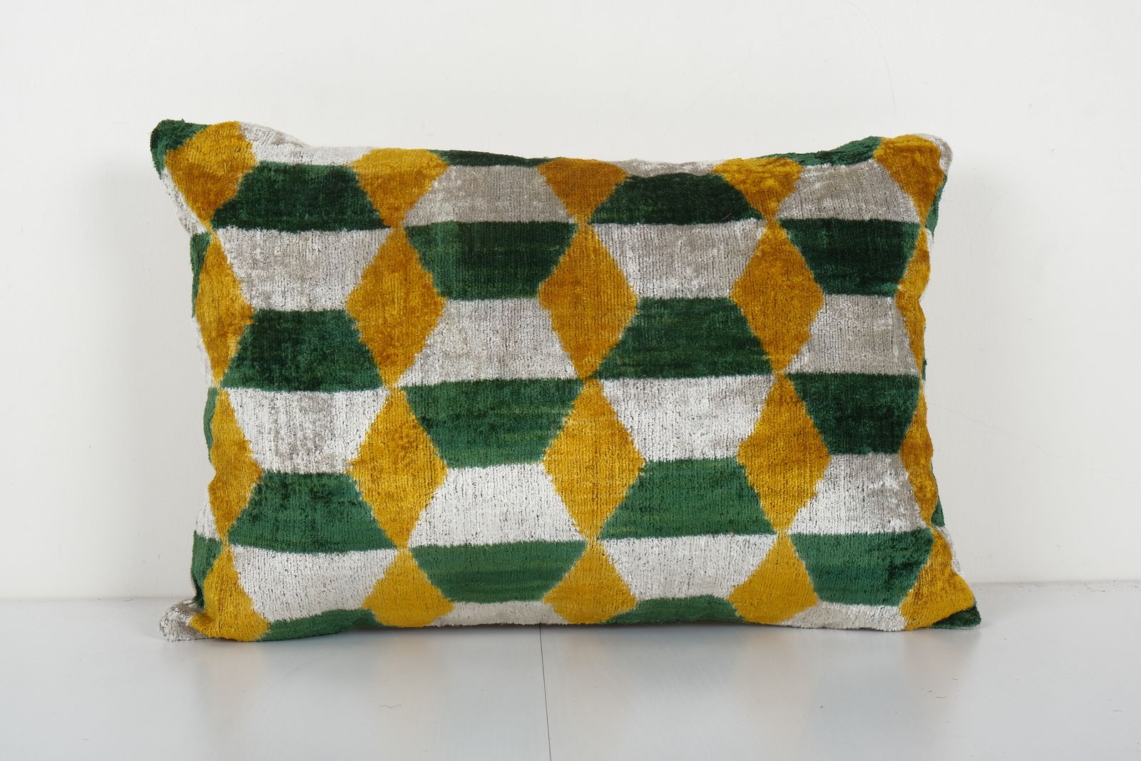 Hand Woven Velvet Ikat Lumbar Pillow Cover, Yellow Designer Cushion, Geometric Pattern Uzbek Couch Pillow 15'' X 22''
