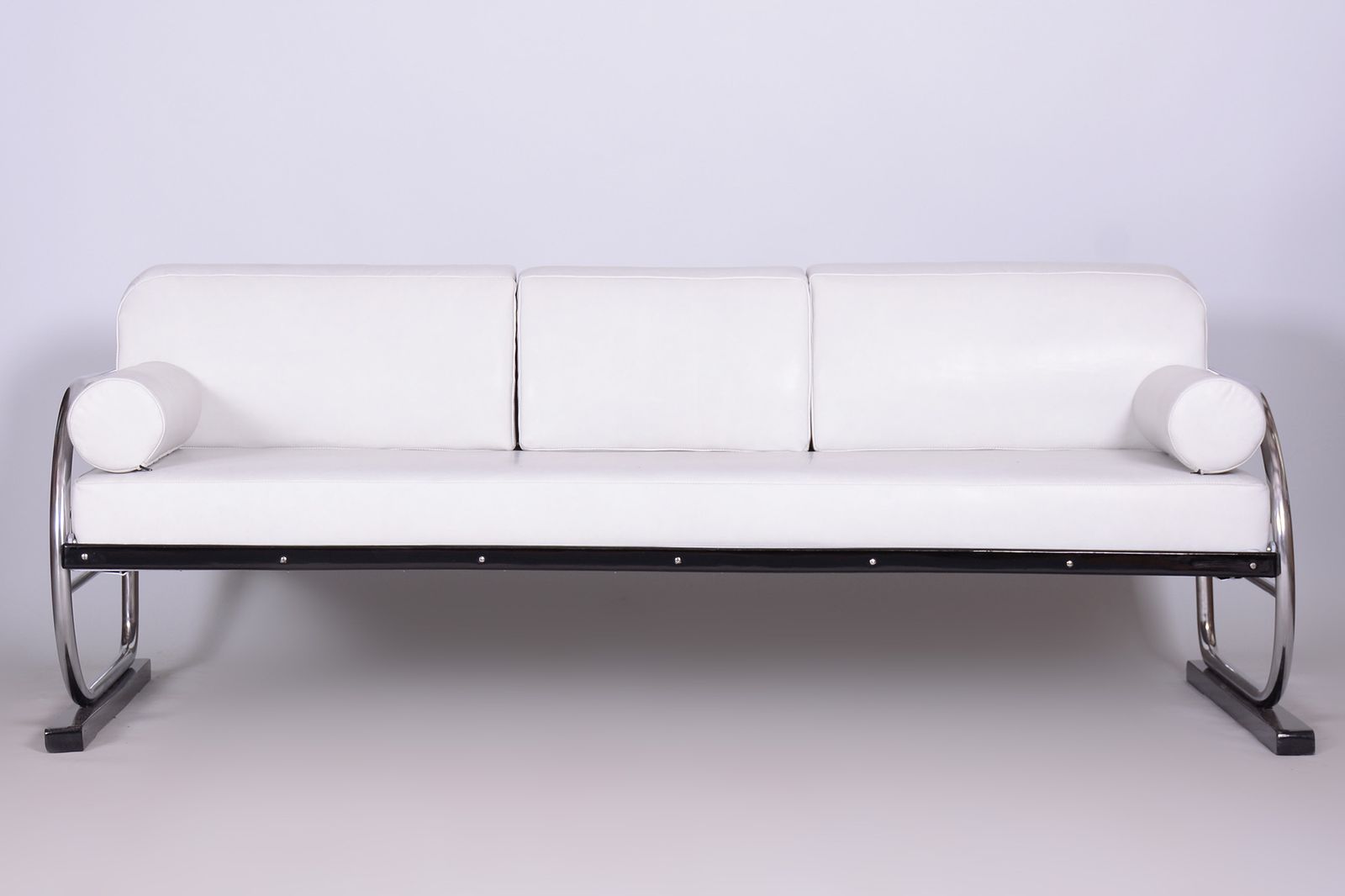 Restored Bauhaus White Leather Tubular Chrome Sofa, Robert Slezák, 1930s photo furniture