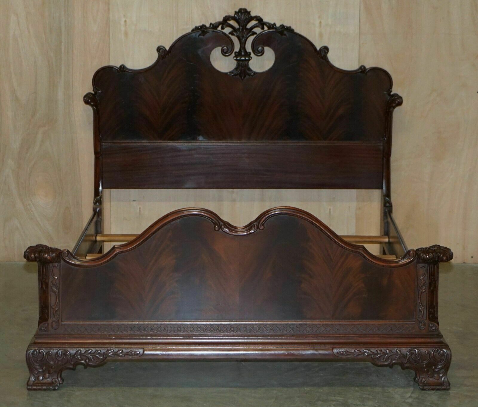 Exquisitely Carved Antique Victorian Circa 1880 Flamed Mahogany Double Bed Frame photo furniture