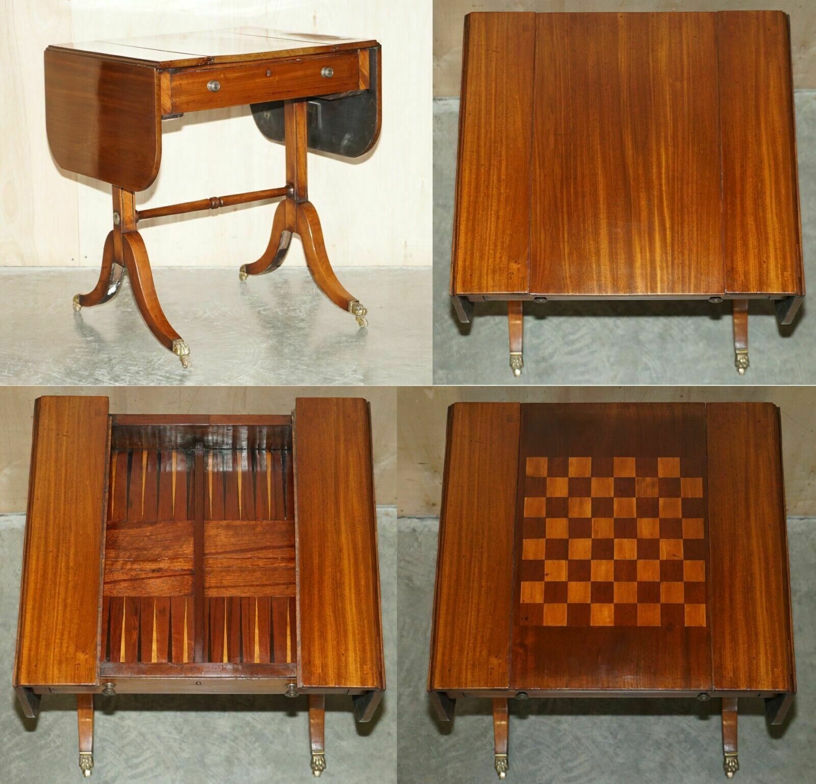 Fully Restored Extending Antique Regency Sofa Table Inc Chess Board & Backgammon