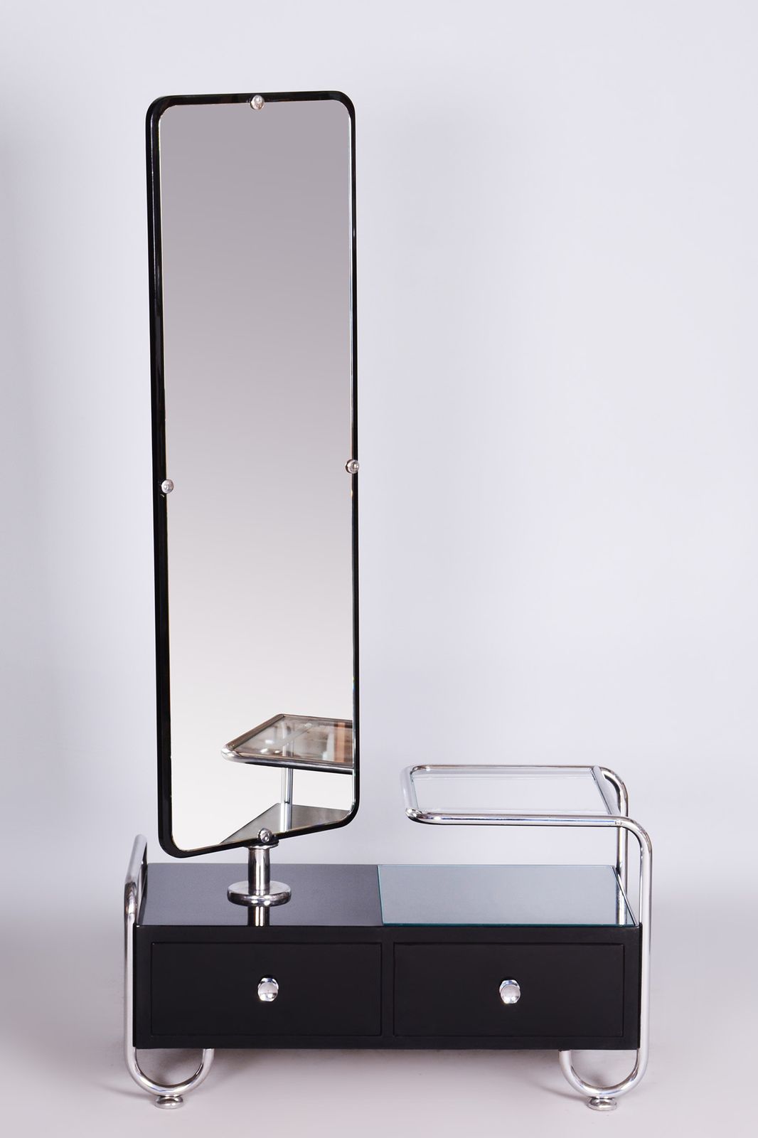 Restored Black Art Deco Dressing Mirror Made By Vichr A Spol, 1930s, Czechia, Chrome Plated Steel, Lacquered Wood