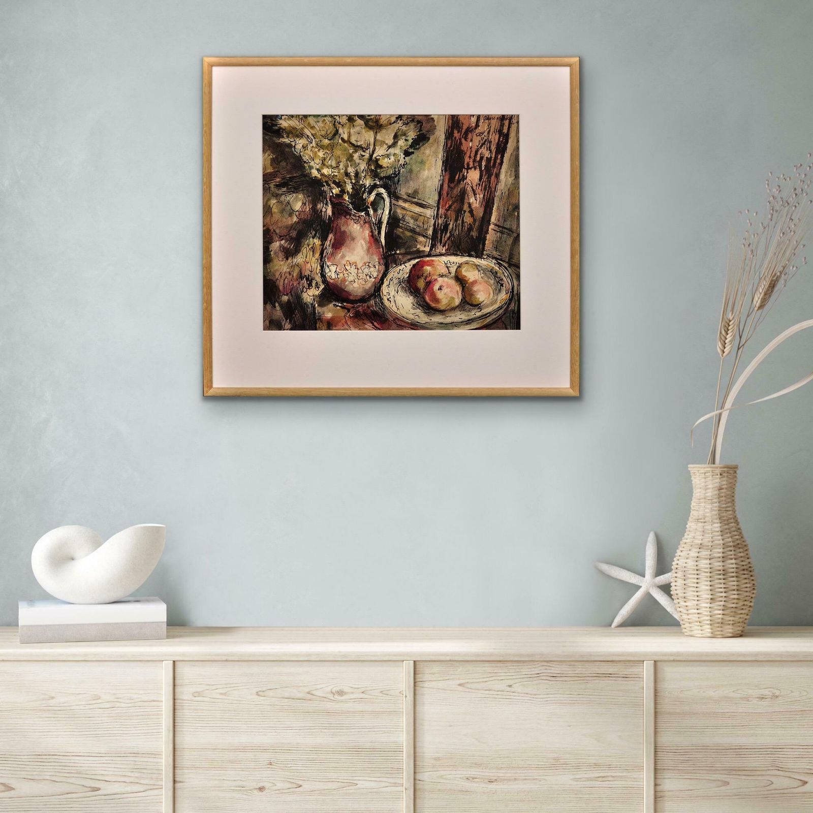 photo vintage James Tower 1919 To 1988. English. Still Life Of Flowers In A Jug And A Bowl Of Apples, 1944. Framed Wartime Watercolour By A Renowned Ceramics Artist