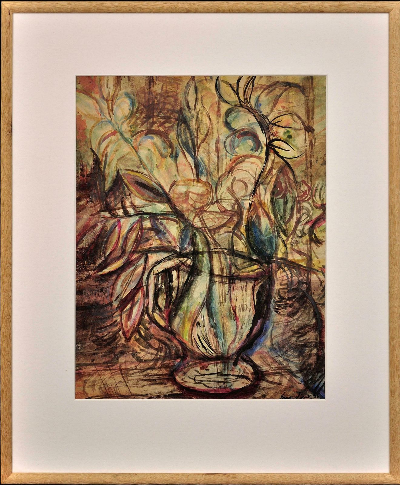 James Tower 1919 To 1988. English. Still Life Of Cut Flowers In A Pottery Jug, 1945. Framed Wartime Watercolour By A Respected Ceramics Artist.