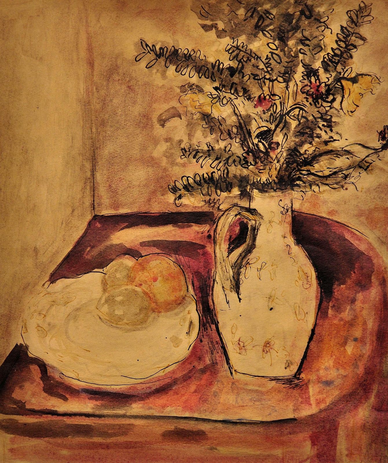 James Tower 1919 To 1988. English. Still Life Of Flowers In A Jug And A Plate Of Fruit. Framed Wartime Watercolour By A Renowned Ceramics Artist. photo furniture