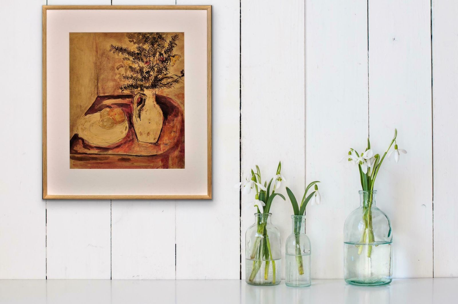 photo vinterior James Tower 1919 To 1988. English. Still Life Of Flowers In A Jug And A Plate Of Fruit. Framed Wartime Watercolour By A Renowned Ceramics Artist.