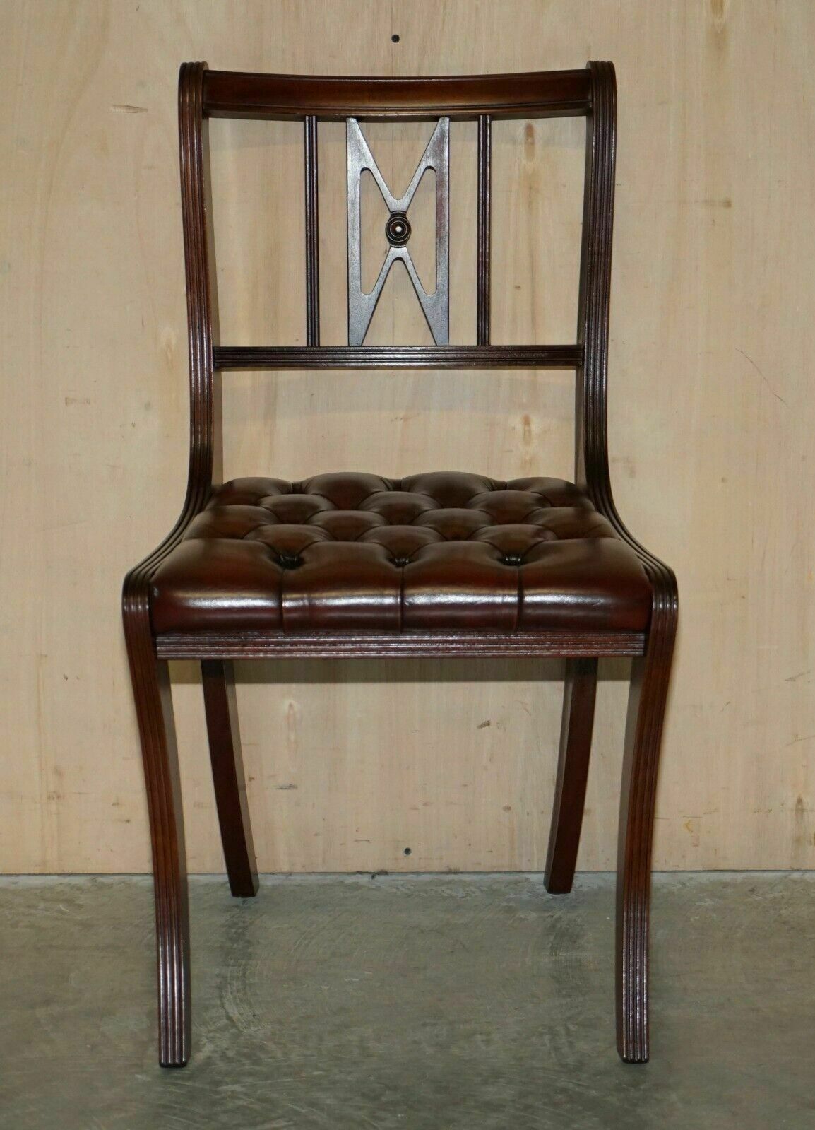 photo buy Six Vintage Restored Hand Dyed Brown Leather Chesterfield Tufted Dining Chairs