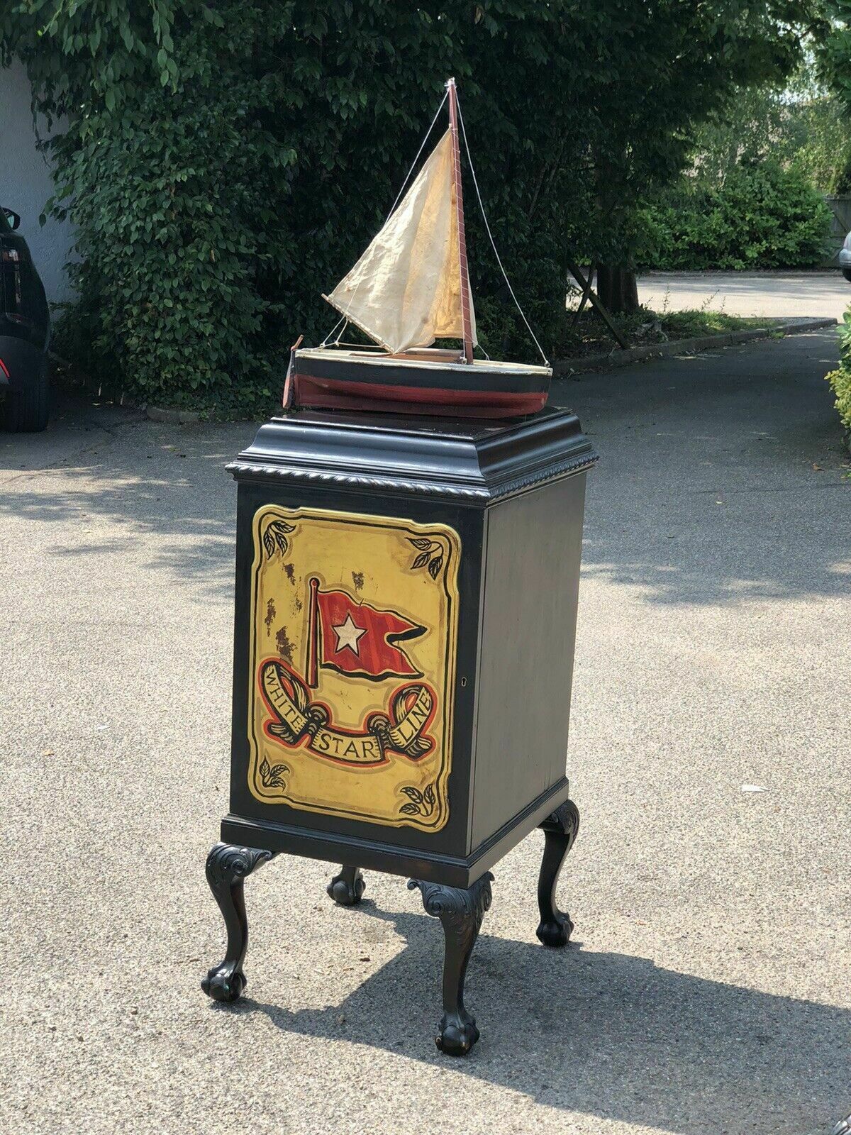 Furniture Pair Of Edwardian Wine Celleratte Cabinets With White Star Line Decoration. photo