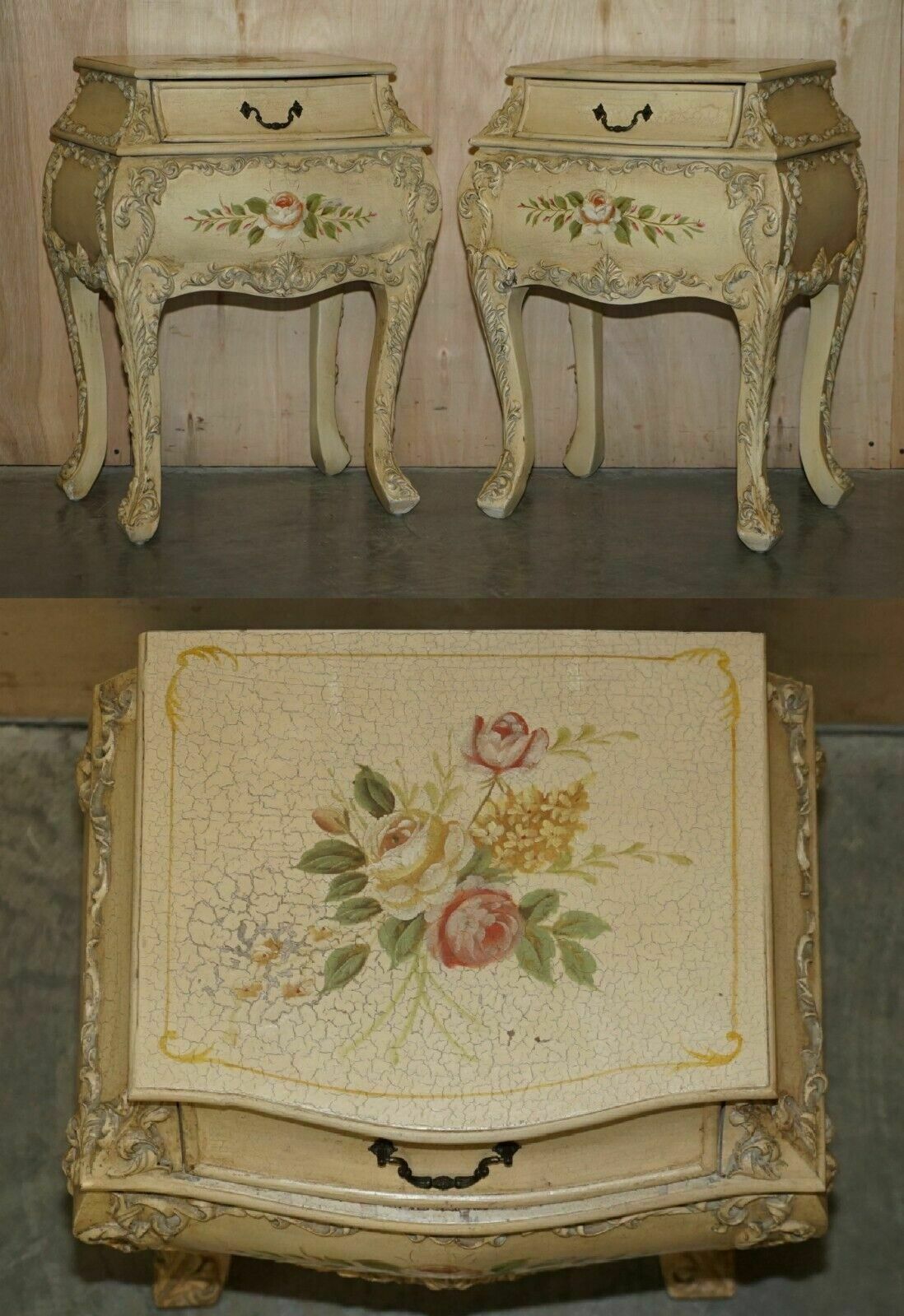 Pair Of Vintage Hand Painted French Bombe Bedside / Side End Table Size Chests