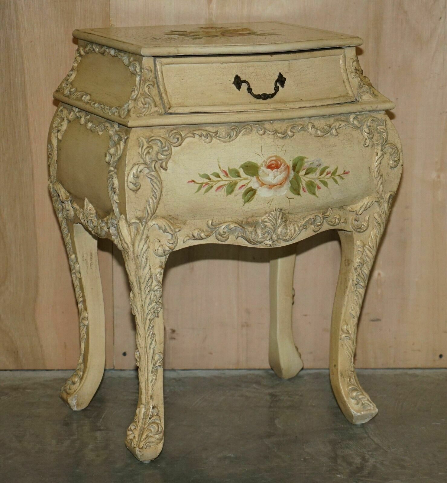 Pair Of Vintage Hand Painted French Bombe Bedside / Side End Table Size Chests photo for sale