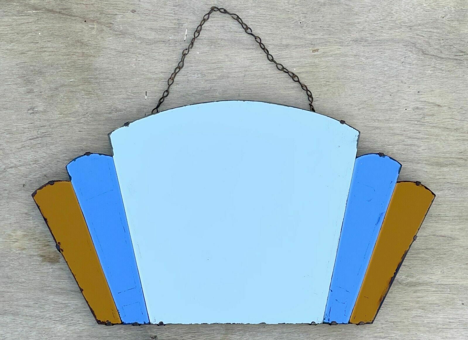 Sublime Antique 1930's Art Deco New York Fan Mirror Orange & Blue Foxed Plate