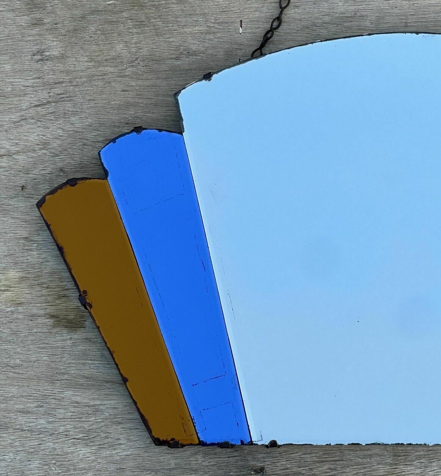 Sublime Antique 1930's Art Deco New York Fan Mirror Orange & Blue Foxed Plate photo Home Decor
