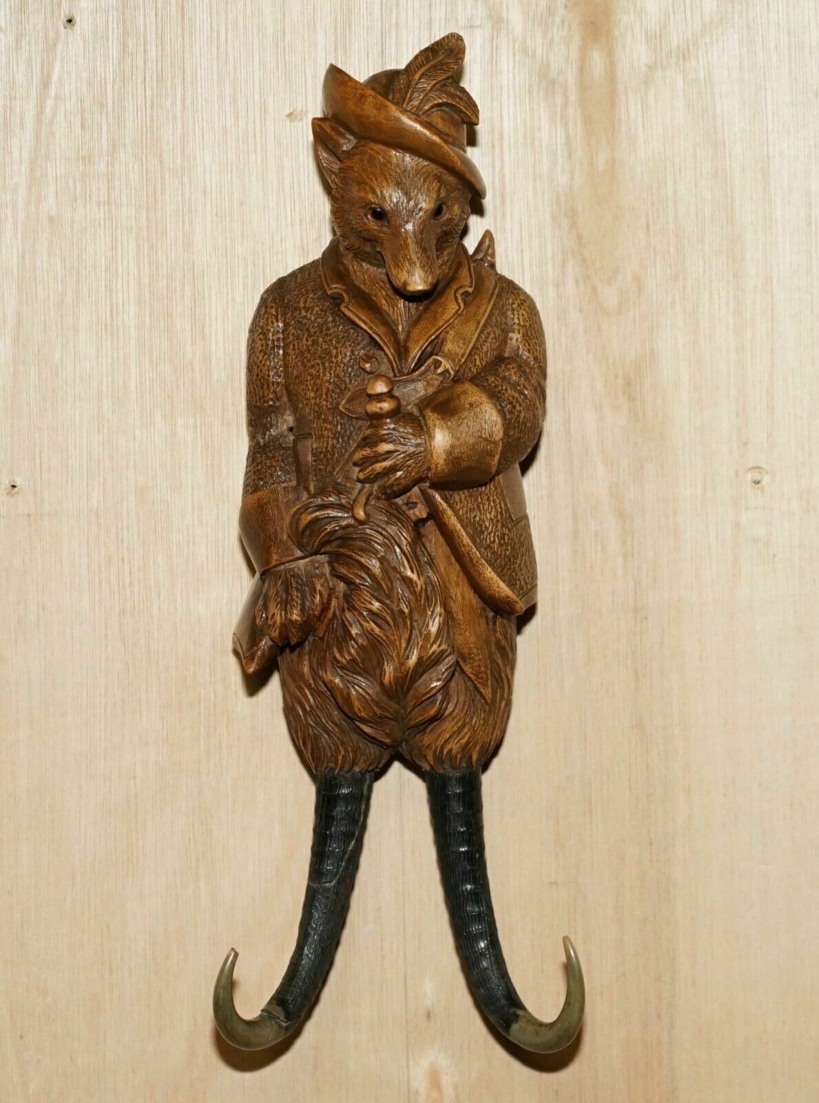 Antique Musical Circa 1880 Black Forest Hand Carved Fox Whip Hook Glass Eyes