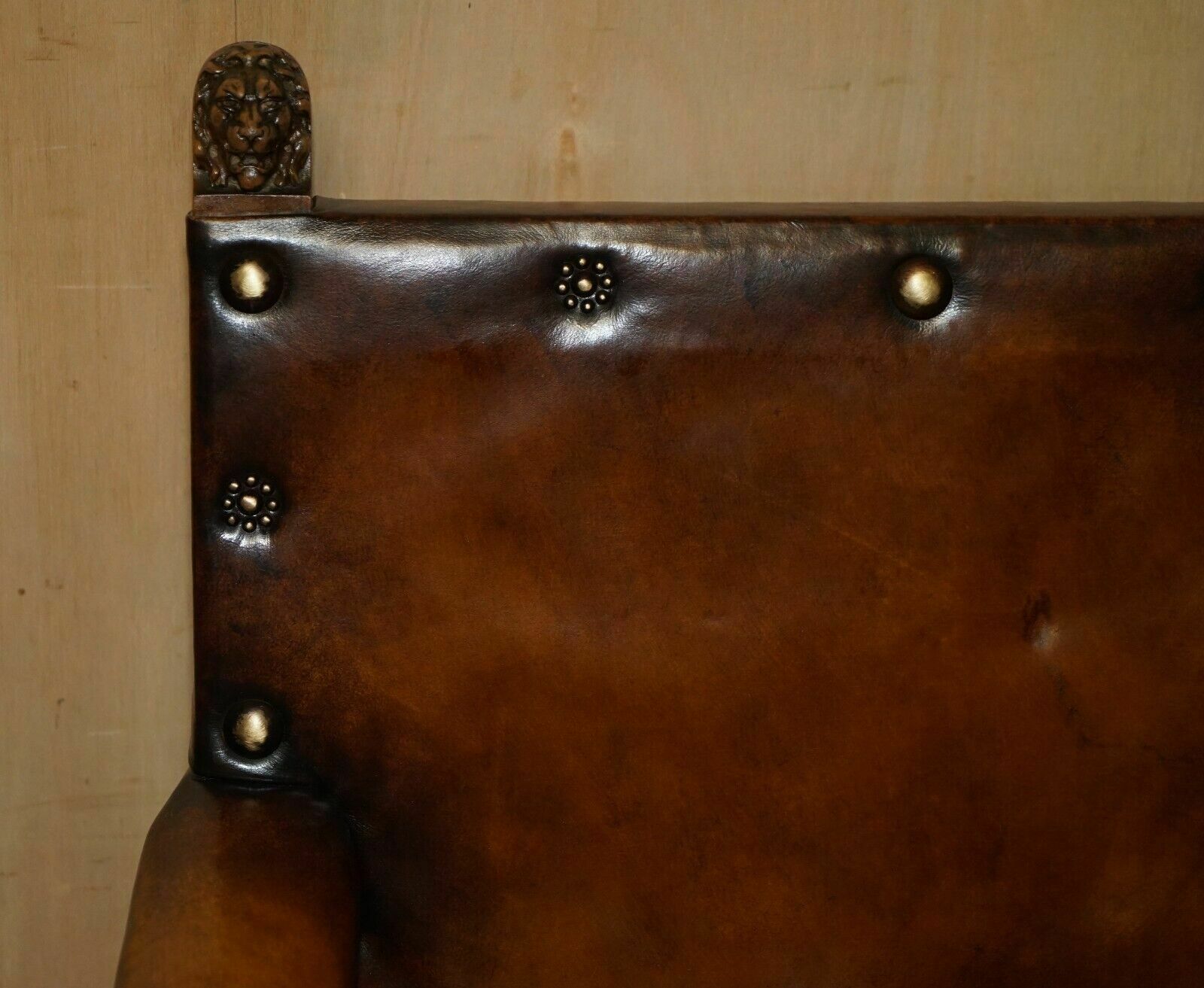 Fully Restored Edwardian Circa 1910 Hand Dyed Brown Leather Lion Carved Armchair photo 2950.0