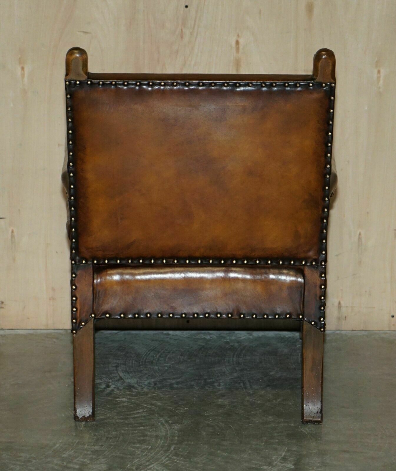 photo buy Fully Restored Edwardian Circa 1910 Hand Dyed Brown Leather Lion Carved Armchair