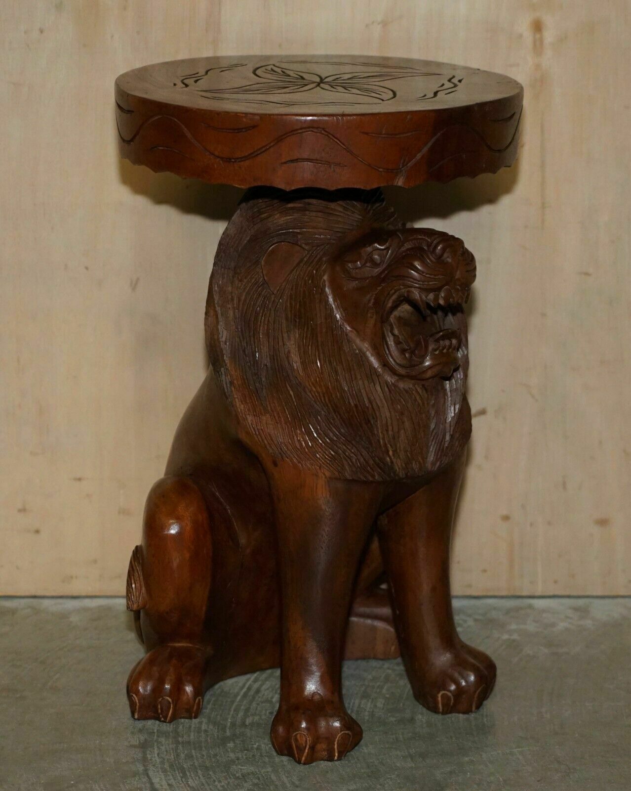 Pair Of Vintage Hand Carved Male Lion Stools With Ornate Decoration All Over photo furniture