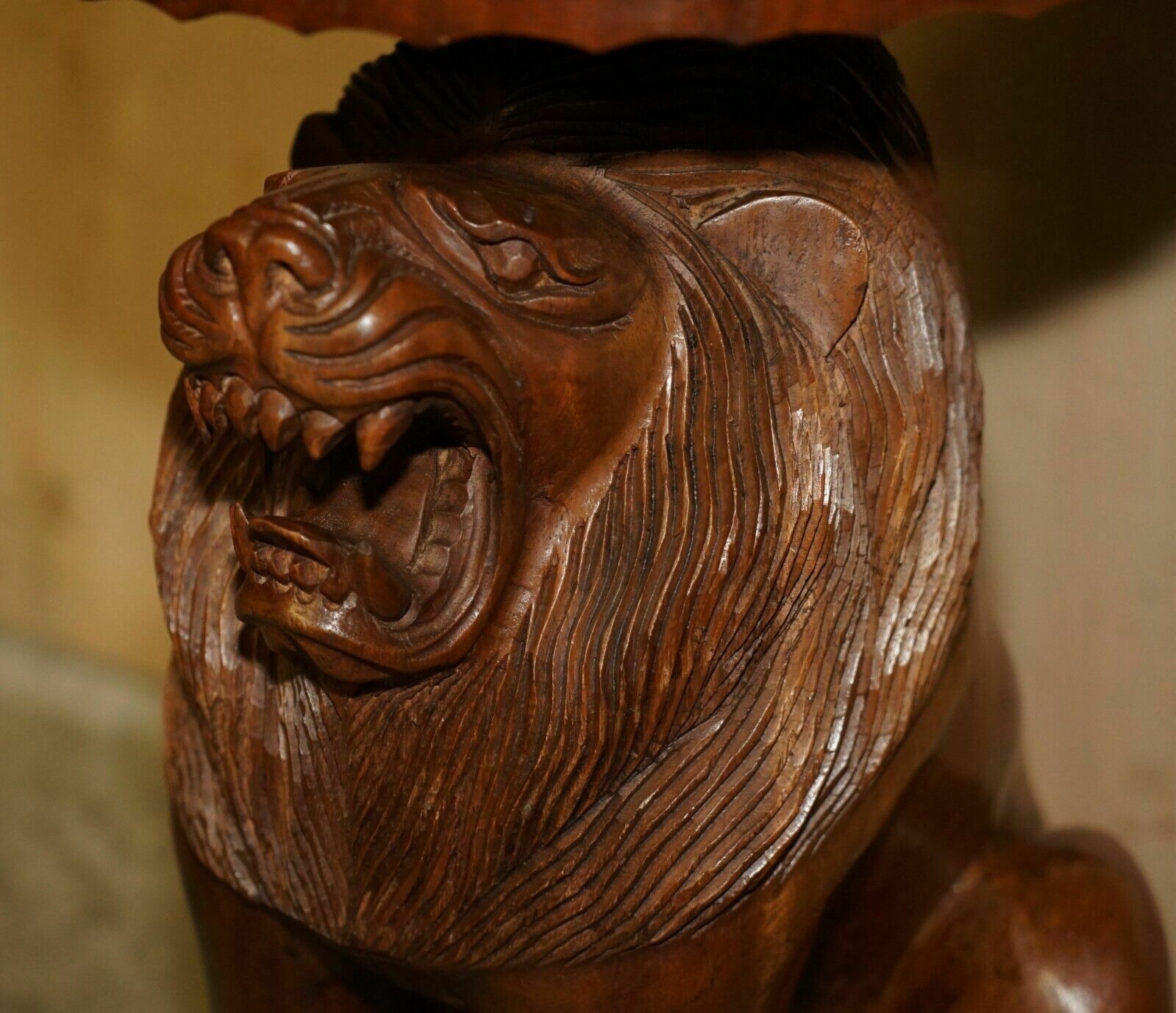 Pair Of Vintage Hand Carved Male Lion Stools With Ornate Decoration All Over photo vinterior