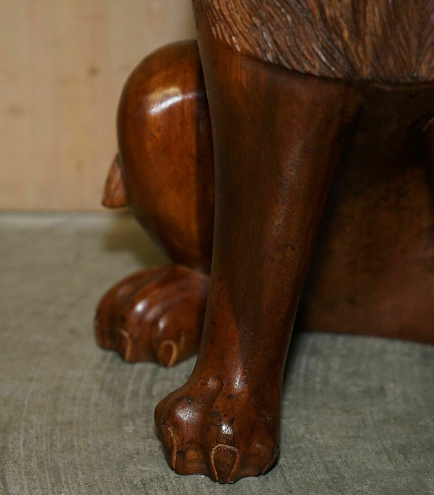 Pair Of Vintage Hand Carved Male Lion Stools With Ornate Decoration All Over photo vintage