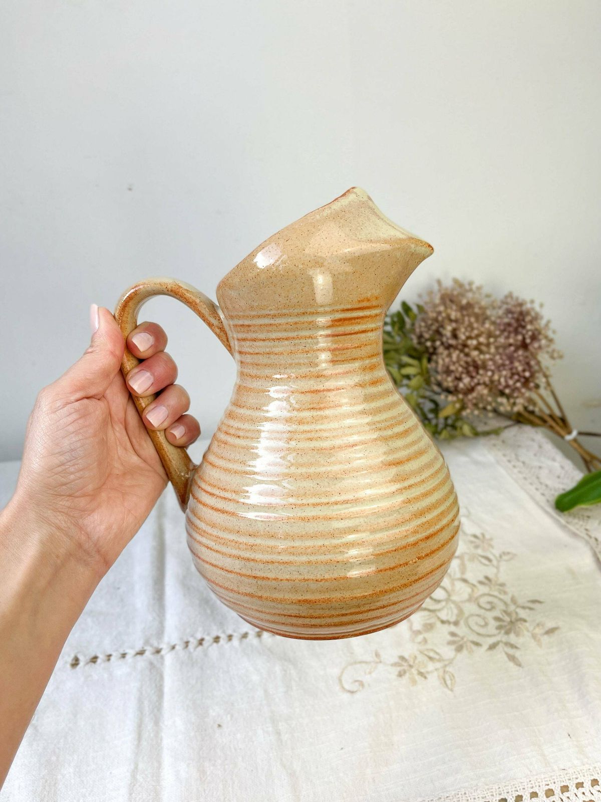 Vintage Glazed Stoneware Pitcher   Beige Sandstone Carafe   Ceramic Pitcher   Vase   Ceramic Stoneware Jug   Vintage Stoneware Tableware photo 52.0