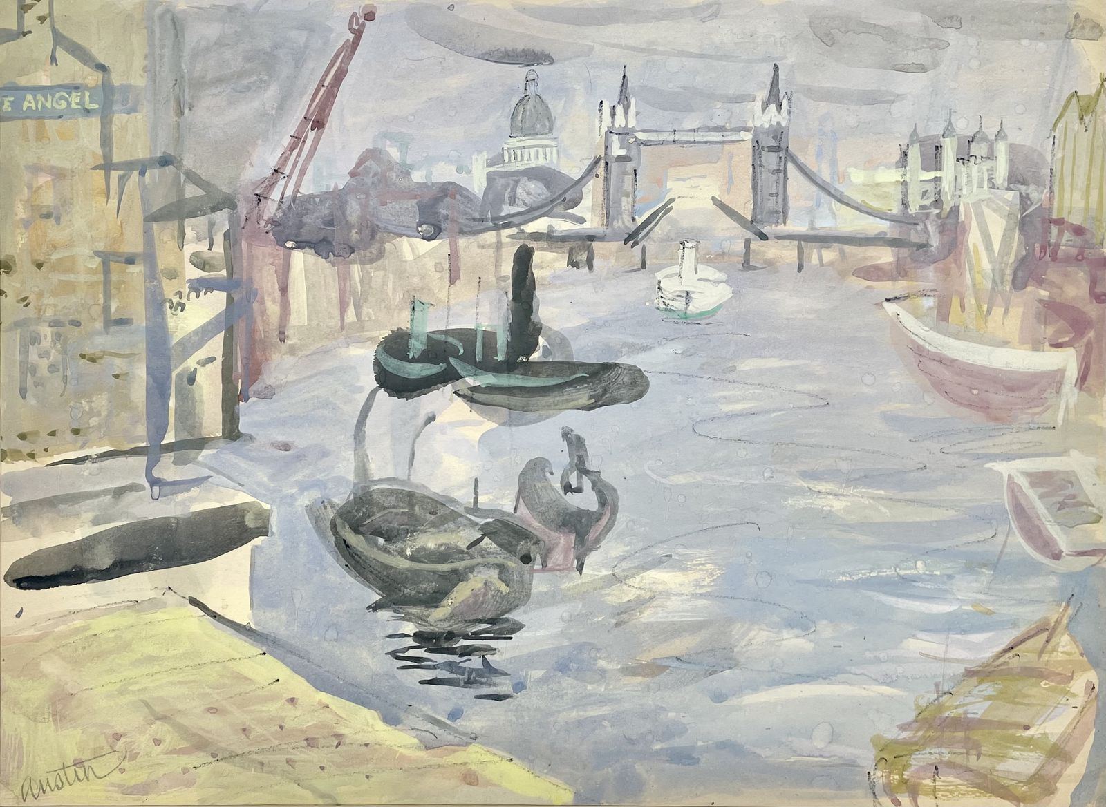 Austin Taylor   Modern British Watercolour The Thames By The Angel At Rotherhithe With Tower Bridge