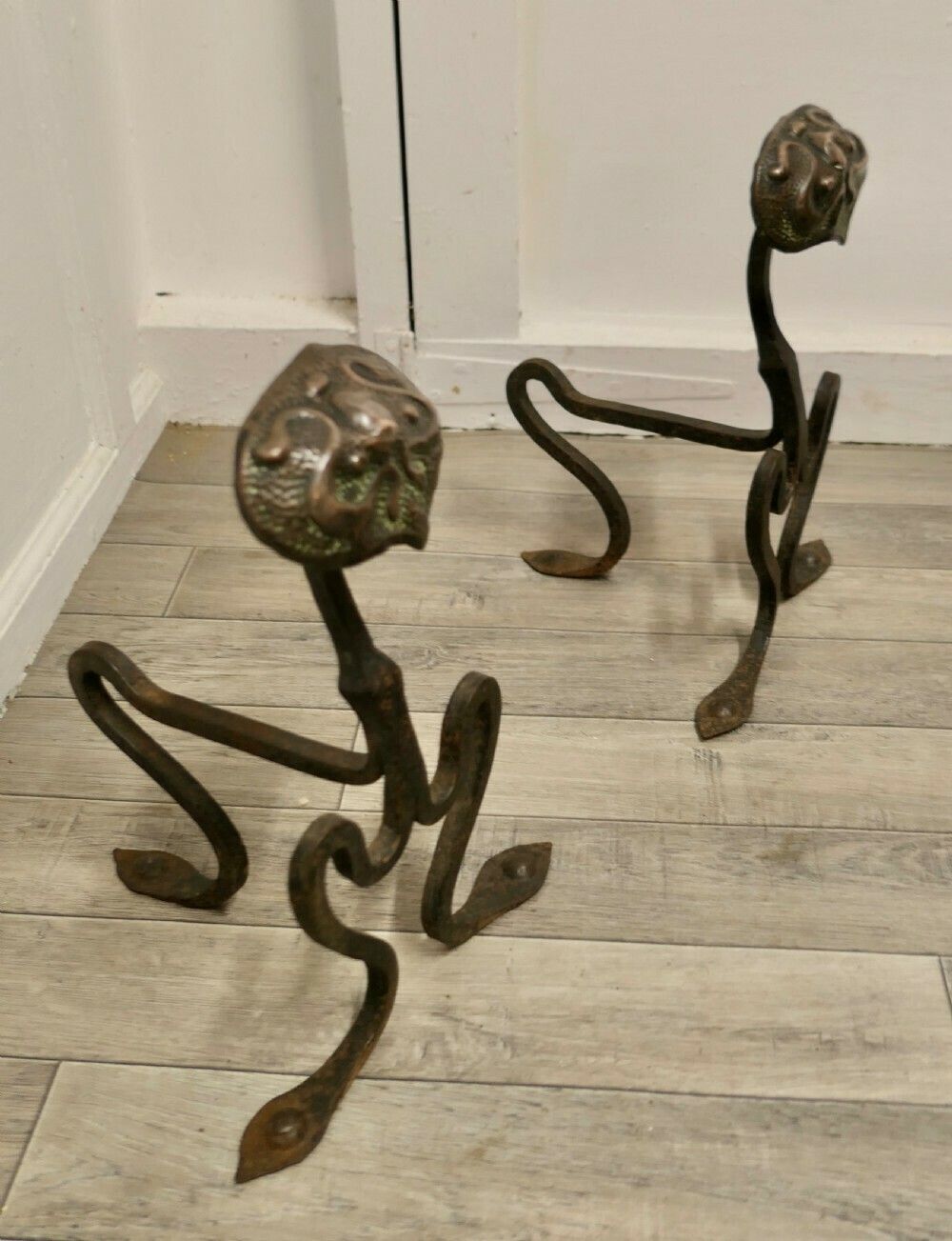 A Pair Of Arts And Crafts Copper And Iron Andirons Or Fire Dogs photo 594.0