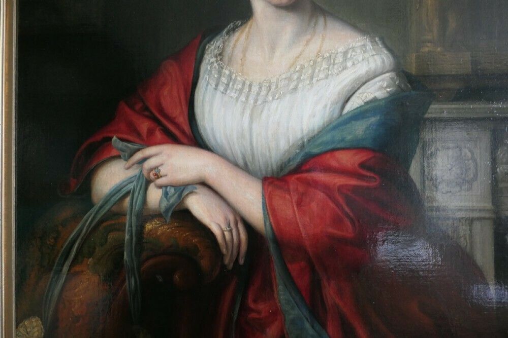 19th Century Oil On Canvas Portrait Of Mary Harris Stretton, With Bonnet And Shawl photo for sale