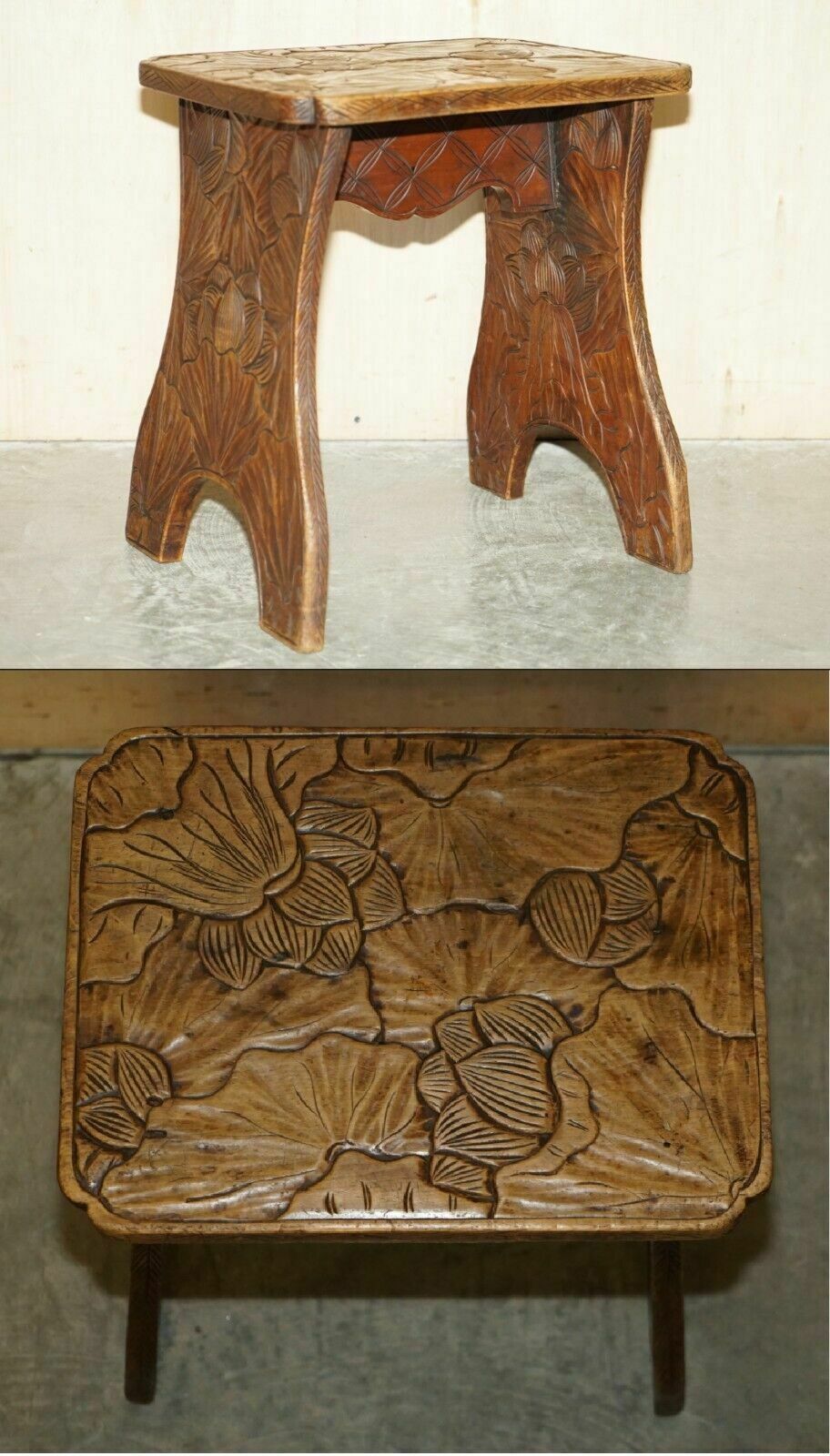 Antique 1905 Liberty's London Qing Dynasty Stool / Side End Table Floral Carving