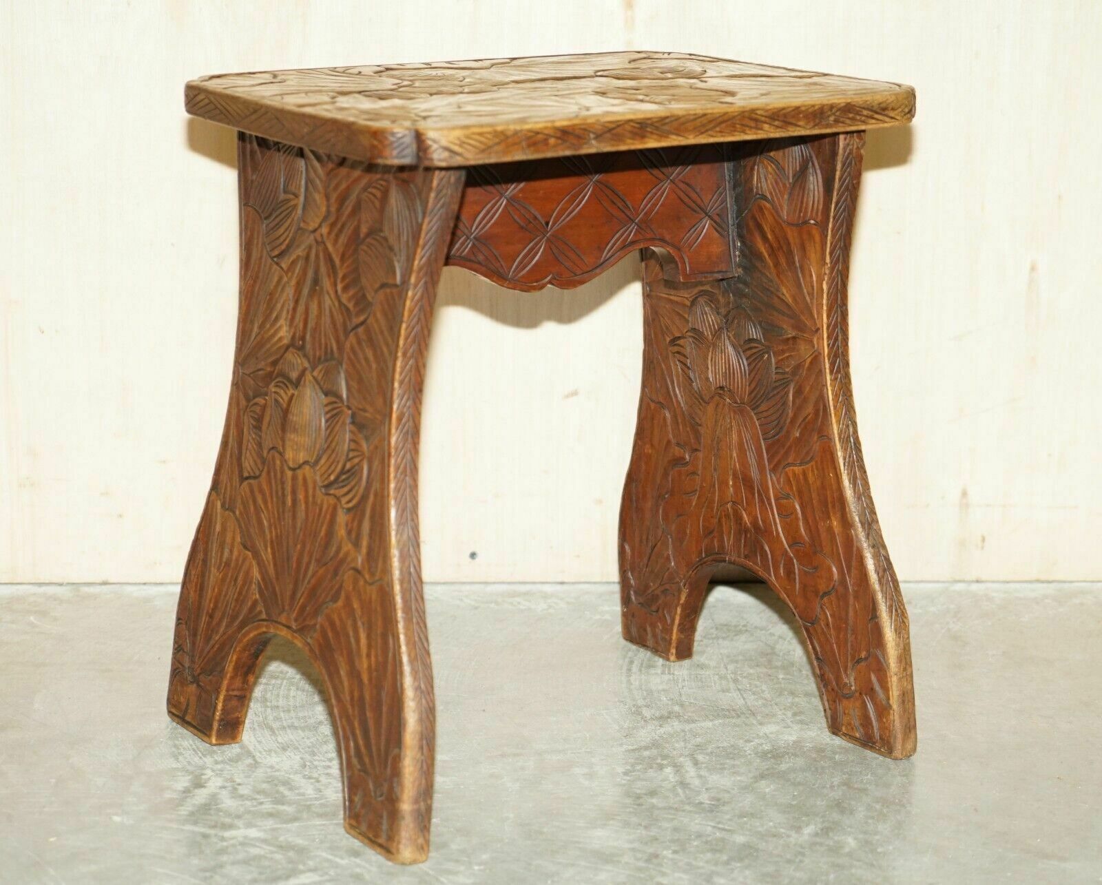 Antique 1905 Liberty's London Qing Dynasty Stool / Side End Table Floral Carving photo furniture