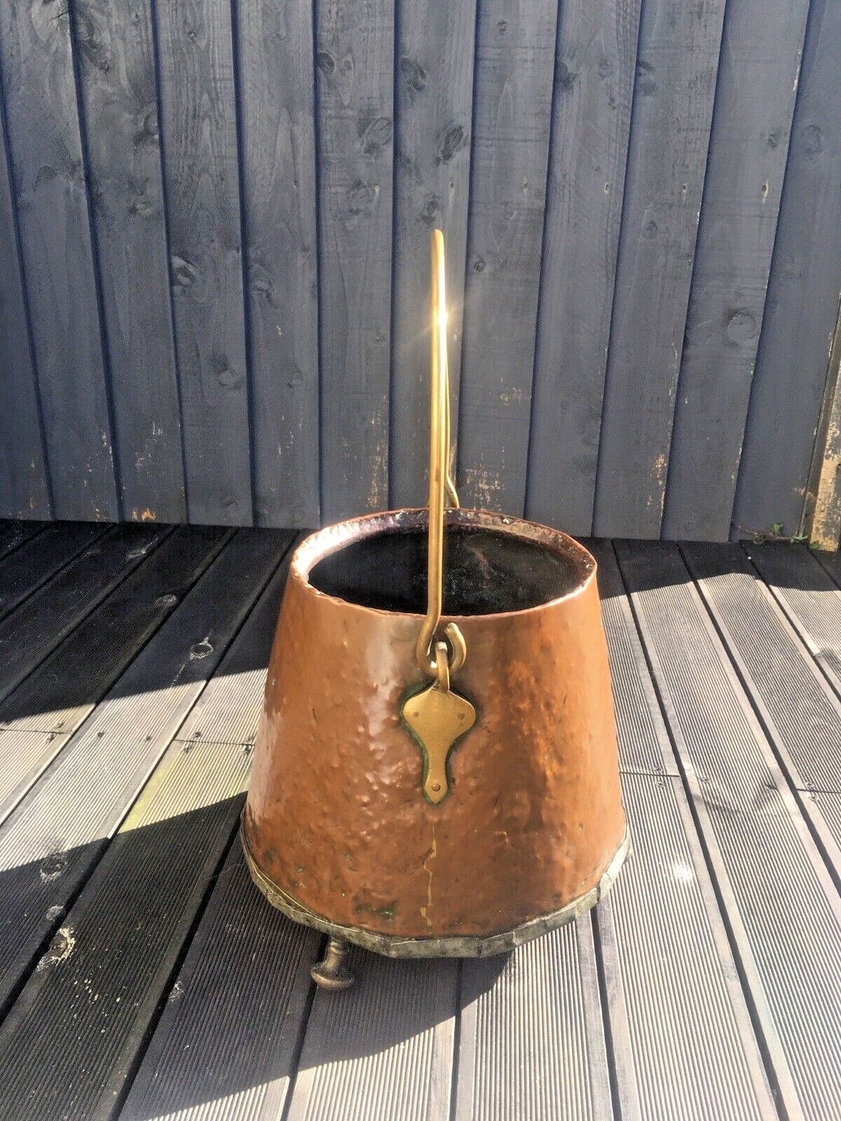 Heavy Antique 19th C Copper Brass Art Nouveau Fire Side Coal Bucket Log Storage photo Home Decor