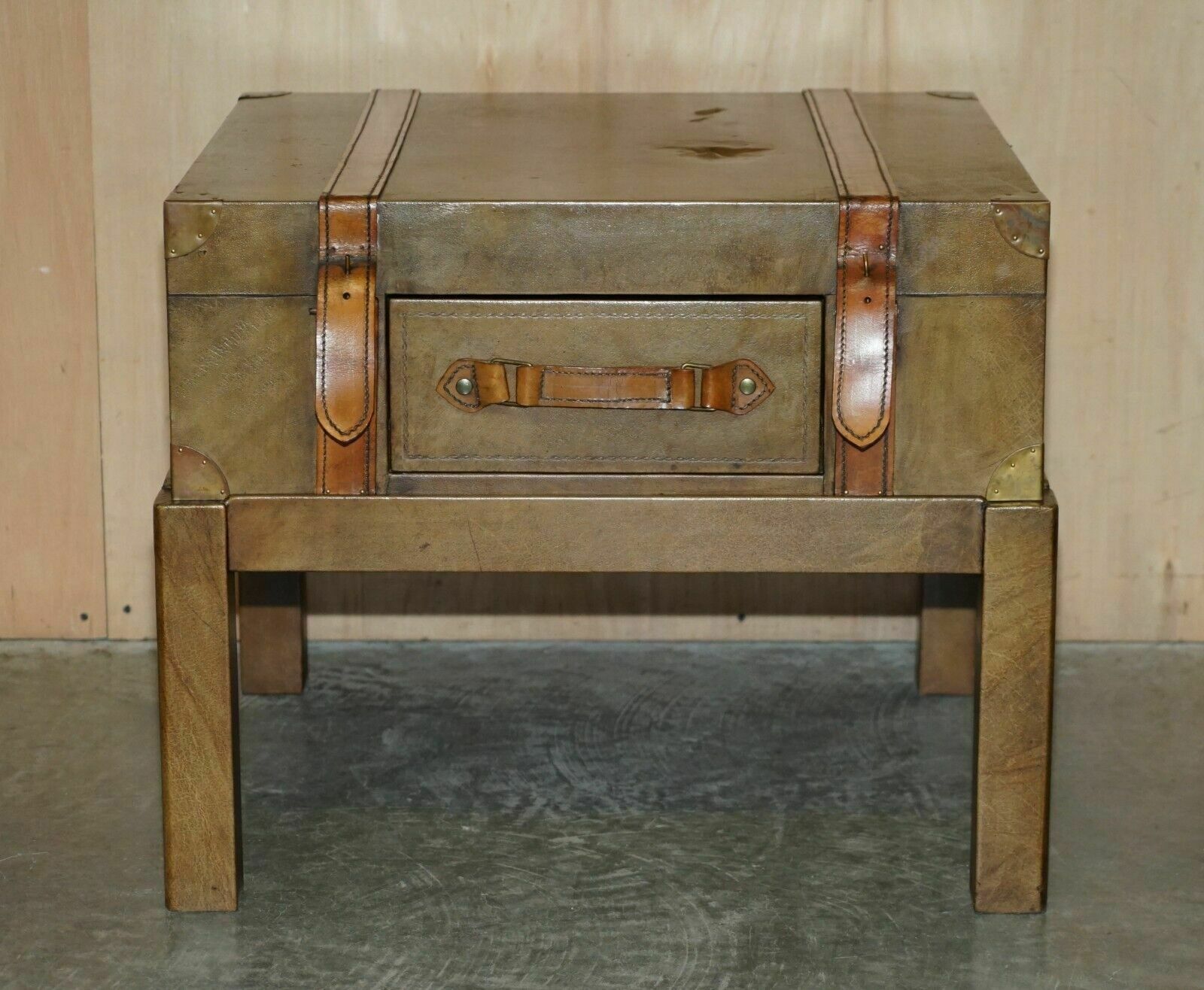 Brown Saddle Leather Suitcase Trunk Single Drawer Coffee Table Nice Decorative photo furniture