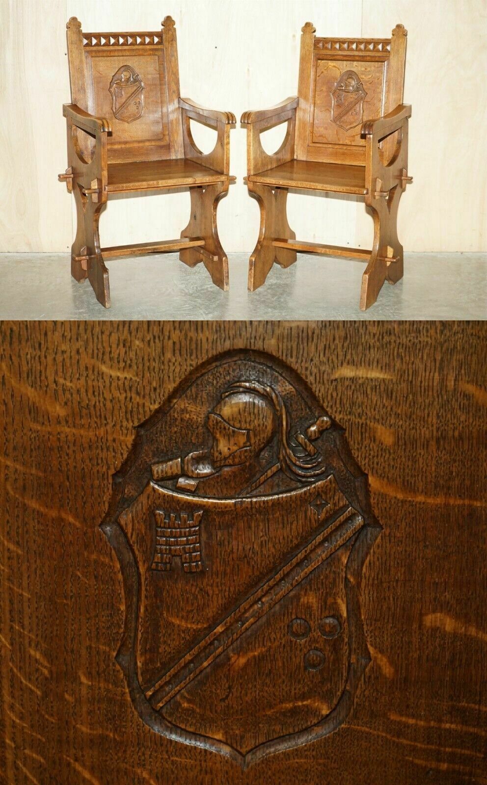 Pair Of Antique Carved English Oak Armchairs With Armorial Crest Coat Of Arms