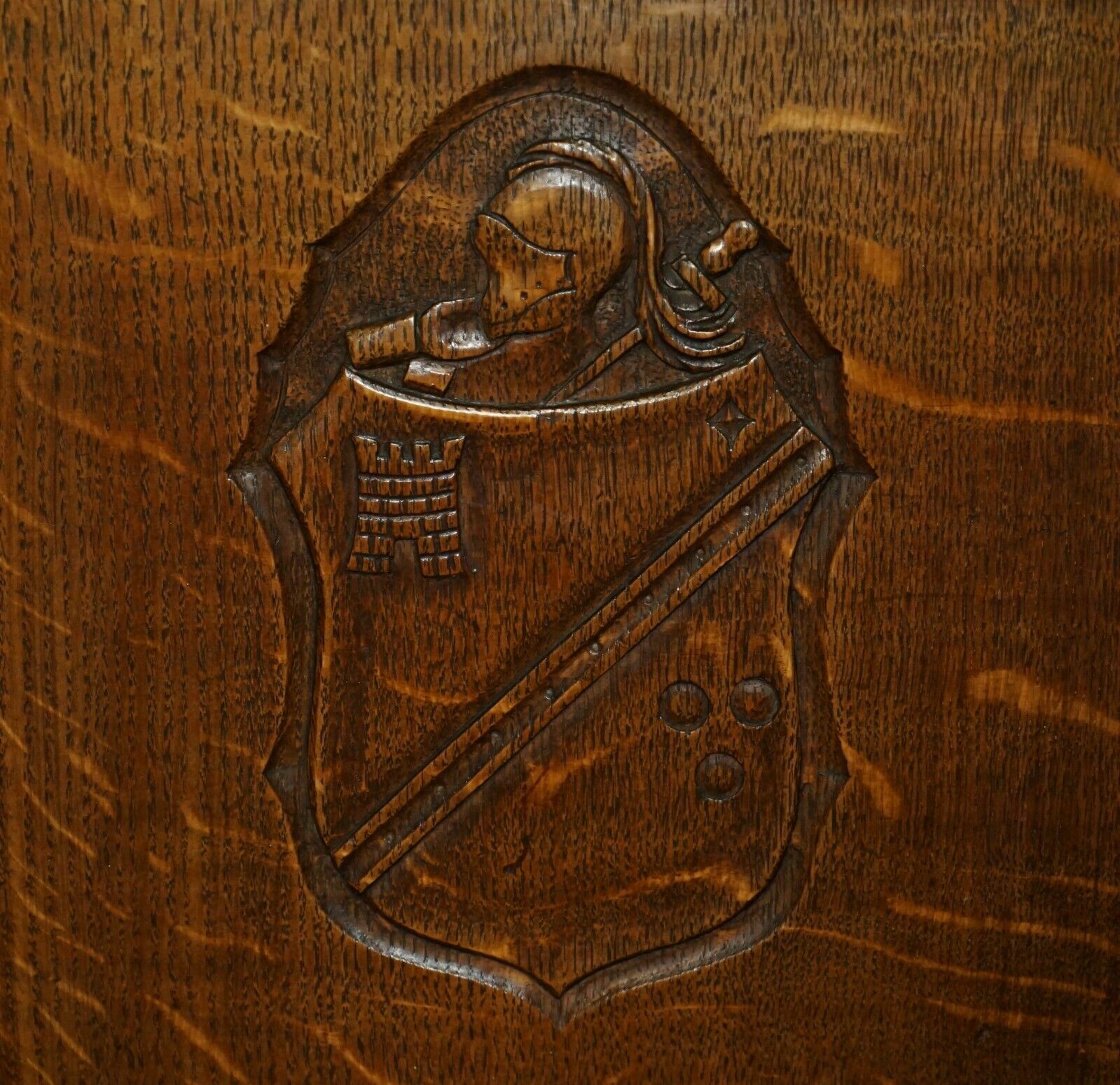 Pair Of Antique Carved English Oak Armchairs With Armorial Crest Coat Of Arms photo vintage