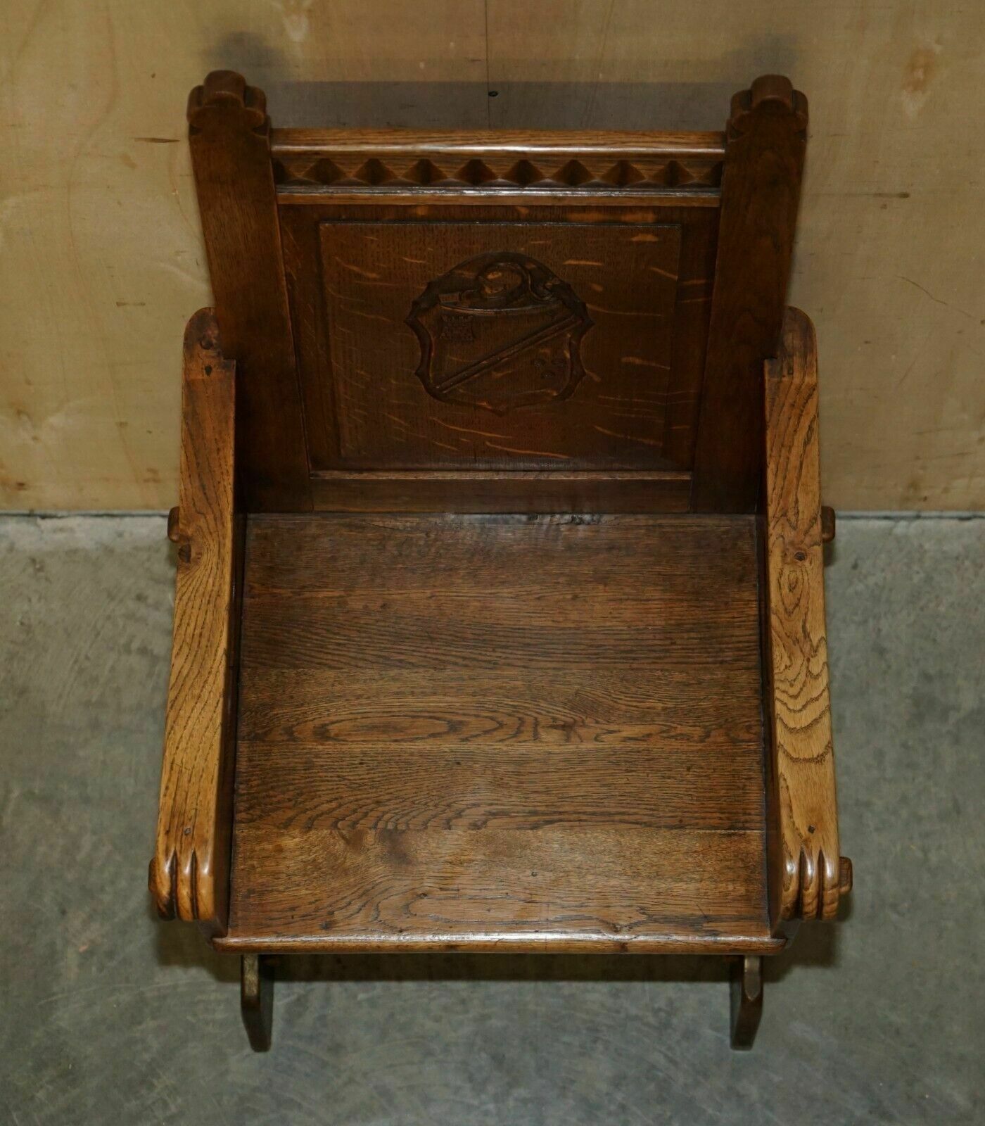 photo for sale Pair Of Antique Carved English Oak Armchairs With Armorial Crest Coat Of Arms