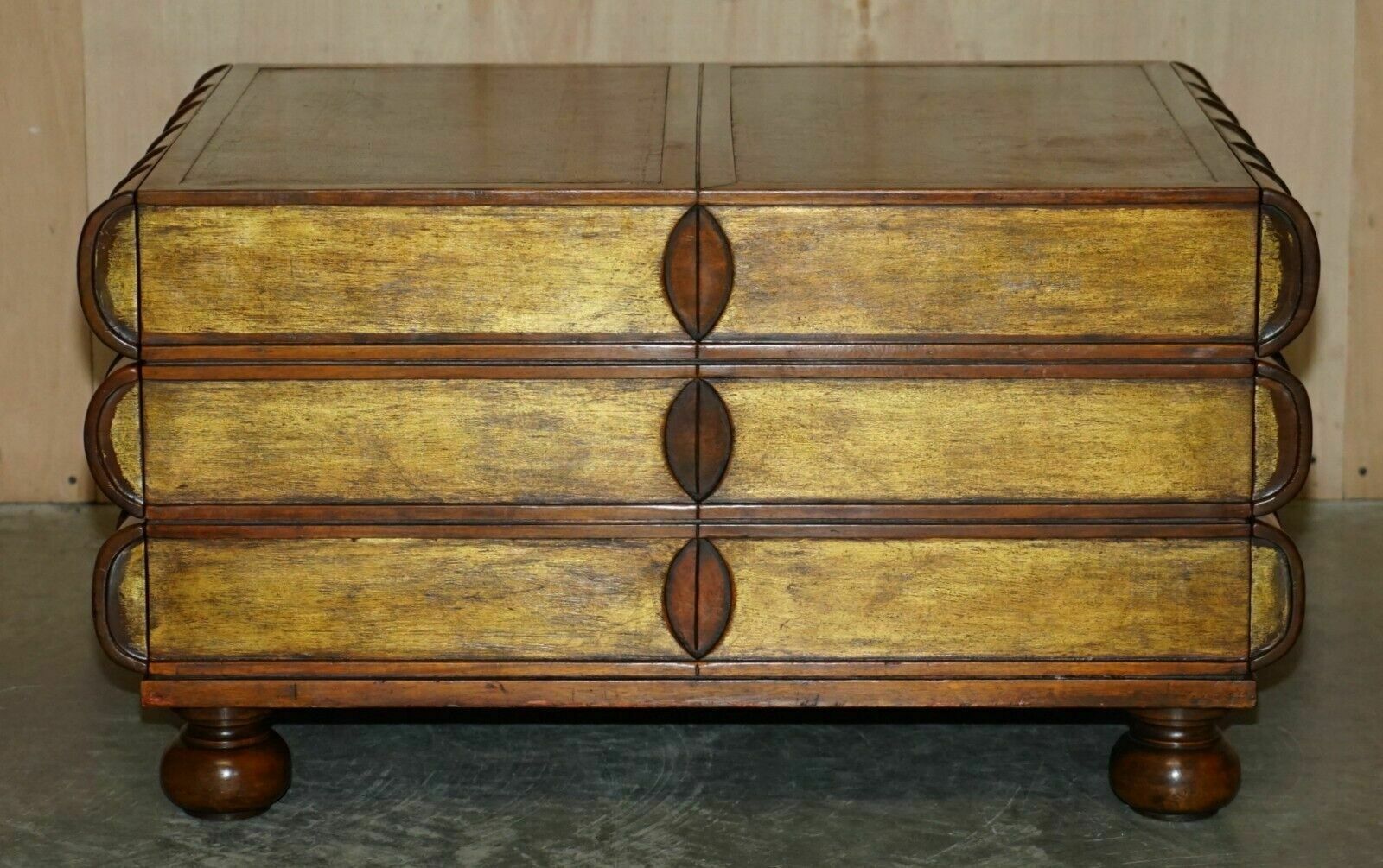 Large Six Drawer Stack Of Scholars Library Books Coffee Table Brown Leather Top photo for sale