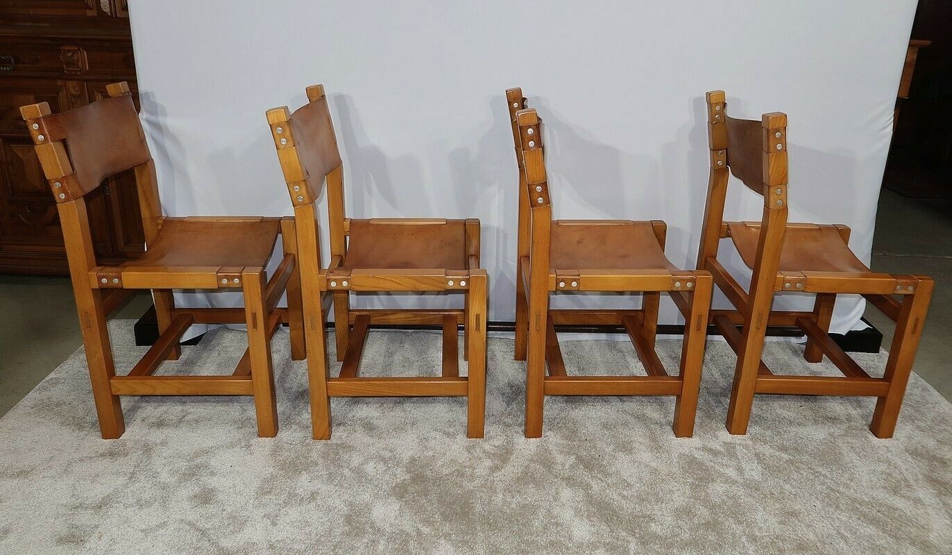 Set Of 4 Chairs In Solid Elm And Leather, Maison Regain – 1970 photo Furniture