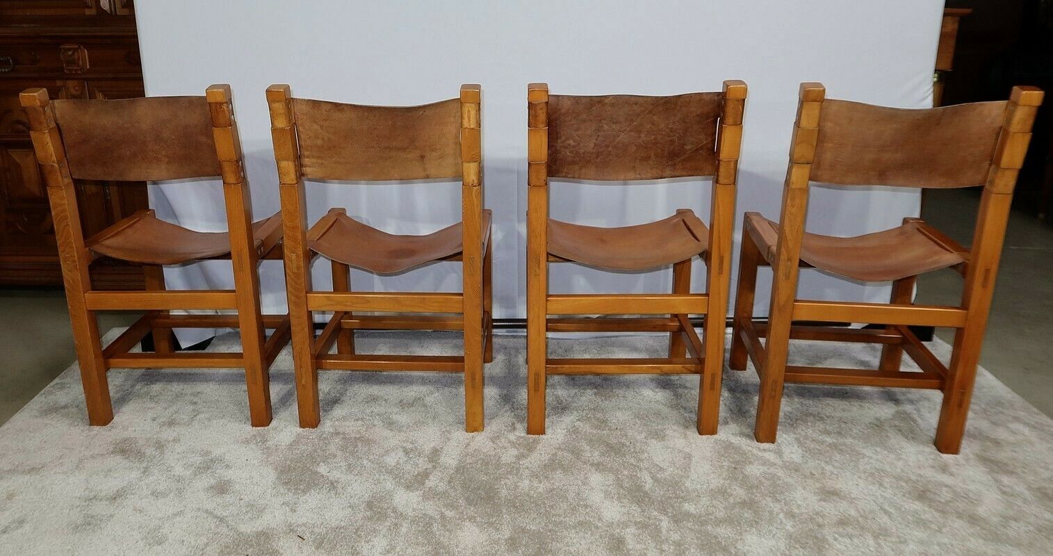 Set Of 4 Chairs In Solid Elm And Leather, Maison Regain – 1970 photo vinterior