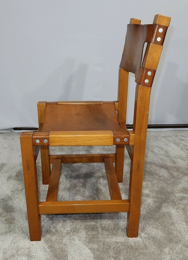 photo buy Set Of 4 Chairs In Solid Elm And Leather, Maison Regain – 1970