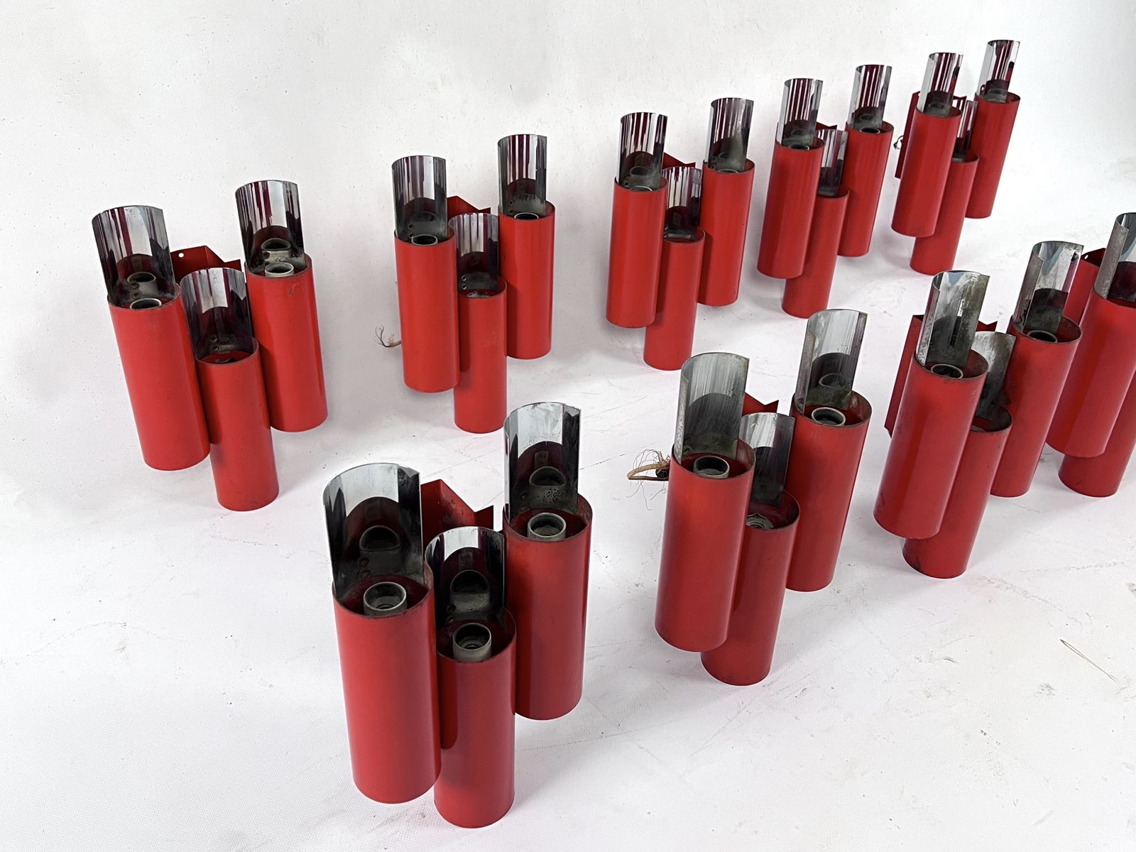Rare Set Of 10 Mid Century Red And Chrome Wall Lamps By Stilnovo. Italy 1970s photo vinterior