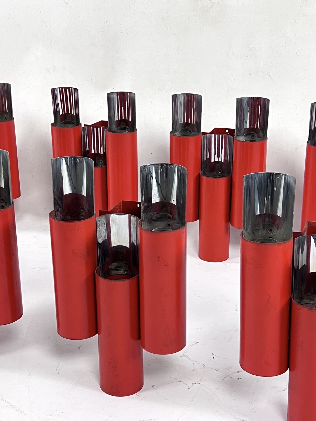 Rare Set Of 10 Mid Century Red And Chrome Wall Lamps By Stilnovo. Italy 1970s photo buy