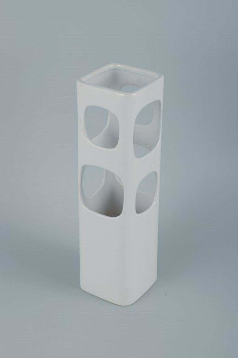 European Studio Ceramicist. Unique Vase With Holes In White Glaze photo for sale