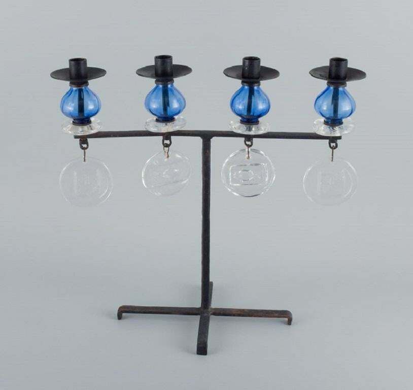 Erik Höglund For Kosta Boda. Large Candle Holder In Cast Iron And Art Glass