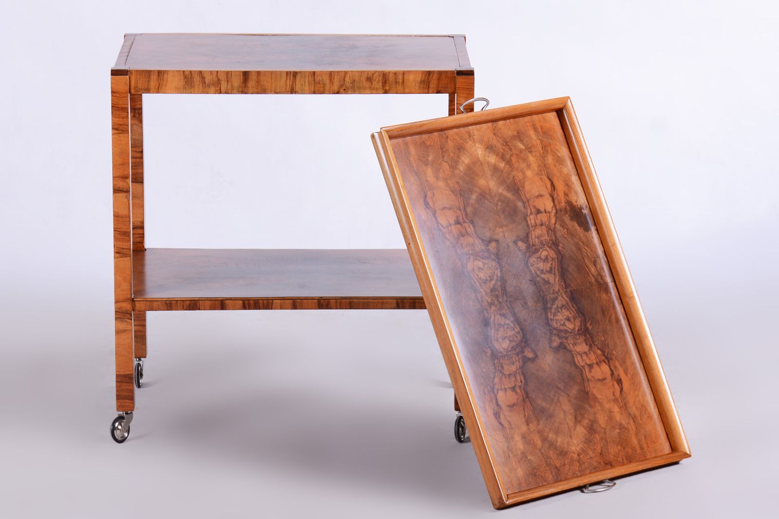 Restored Art Deco Walnut Trolley, New Polish, Czechia, 1930s photo Furniture